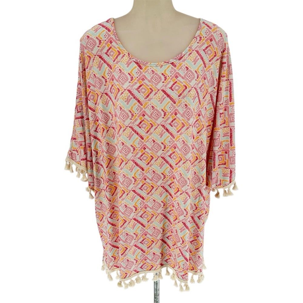 ELSIE & JOEY Resort Cruise Pink Orange Tassel One Size Pullover Cover-up…